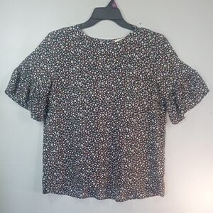 LOFT Women's Black Floral Short Sleeve Pullover Blouse Size Medium